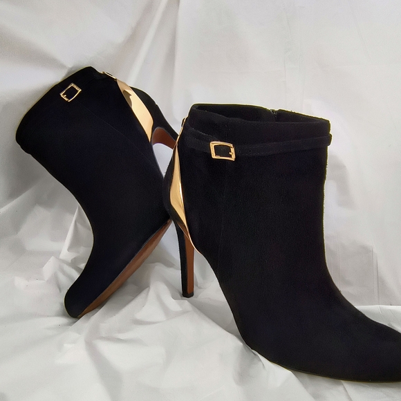 Coach Black Suede with Gold Accent Heeled Ankle Boots - Picture 1 of 12